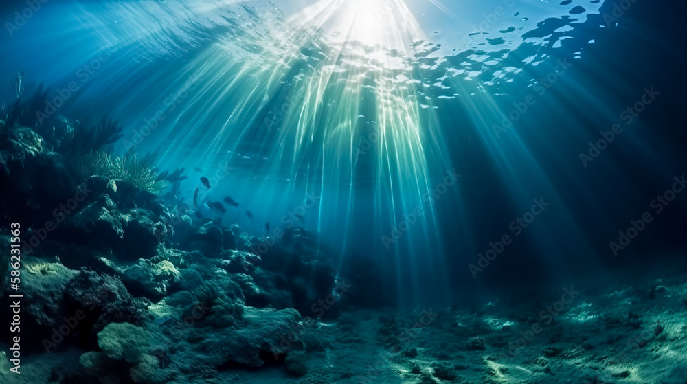 Sea deep or ocean underwater with coral reef as a background. Generative AI