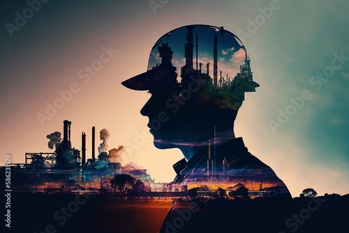 engineer head silhouette and factory double exposure. Generative AI