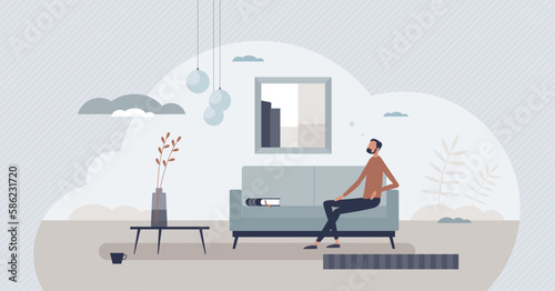 Minimalistic living lifestyle with empty looking home interior tiny person concept. Design with simple and modern furniture and grey or beige walls vector illustration. Neutral and restrained house.
