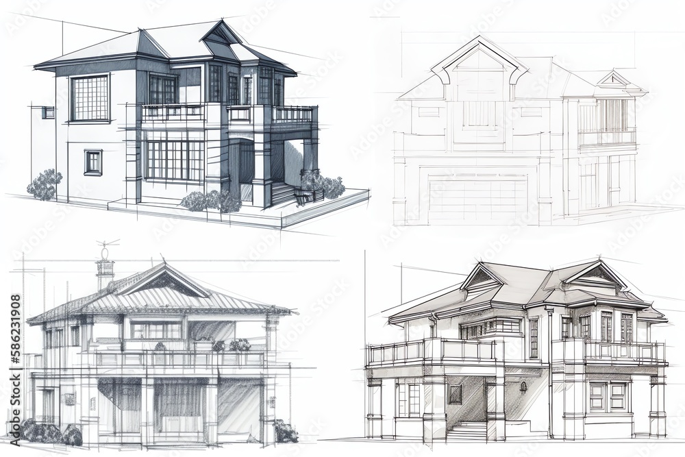Sketch of modern cozy villa house on the white background. Design stages of luxury villa architecture drawing. Generative AI Sketch of modern cozy villa house on the white background. Design stages of luxury villa architecture drawing. Generative AI