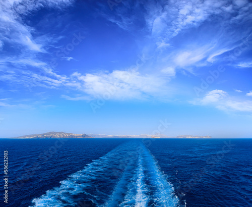 Skyline with the island of Santorini seen from a cruise ship.