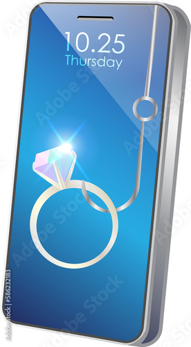 Romance scam, cyber crime. Online phishing hook with diamond ring on smartphone.