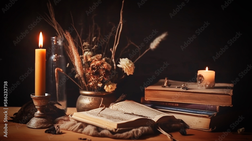 Old books, candles and dry flowers on wooden table. halloween concept. Generative ai. - obrazy, fototapety, plakaty 