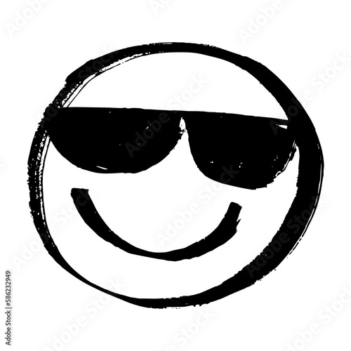 Smiling Face with Sunglasses. Happy, peaceful person emoji with glasses. Hand drawn with marker pen, sketches, black rustic drawing isolated on white background, scribble. Expression of tranquility.