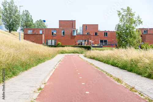 Empty two-lane bicycle path in a housing development on a sunny summer day photo