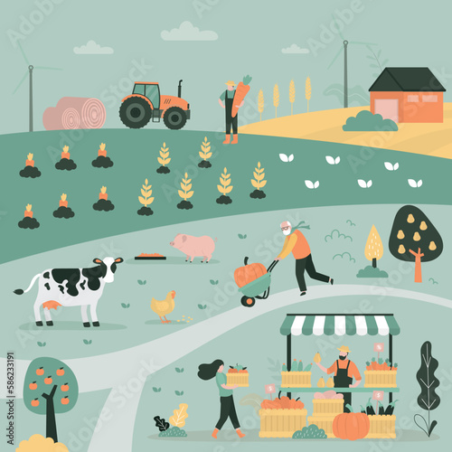 Farm animals, poultry products. Rural view, countryside landscape, group of farmer workers farming organic food. Ecological agricultural food. Farmland, ranch. Good harvest.