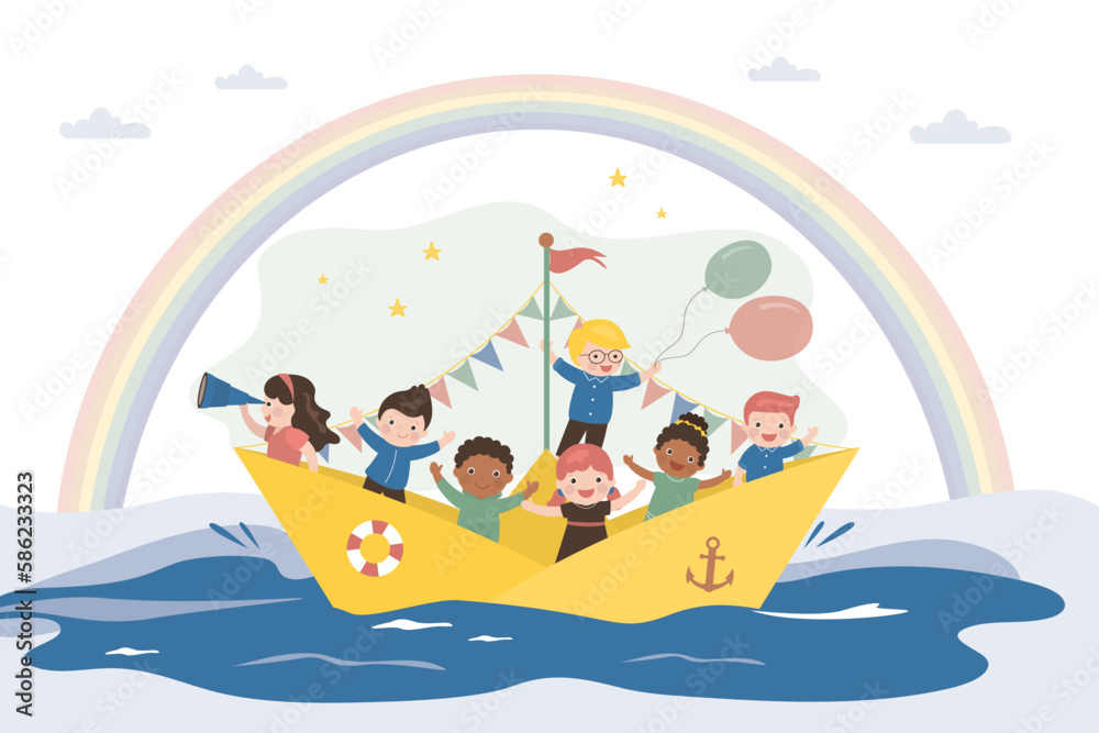 Funny children sailing on paper boat. Children play, imagination, friendship. Kids play sailors or pirates. Happy and cheerful childhood. Group of multiethnic kids have funny game. Funny children sailing on paper boat. Children play, imagination, friendship. Kids play sailors or pirates. Happy and cheerful childhood. Group of multiethnic kids have funny game.