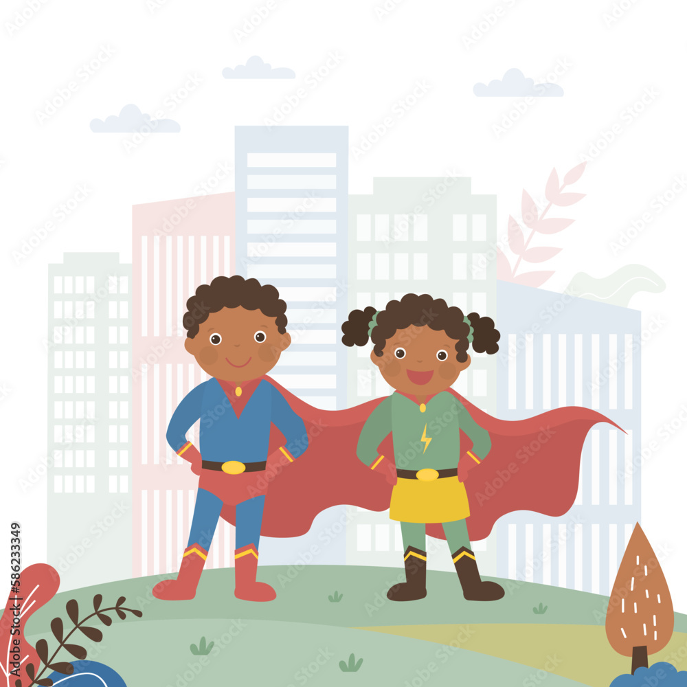 Cute african american children plays superheroes. Kids standing in hero costumes. Imagination, playing rescuer, hero. Little kids has funny game together. Friends playing heroic persons Cute african american children plays superheroes. Kids standing in hero costumes. Imagination, playing rescuer, hero. Little kids has funny game together. Friends playing heroic persons