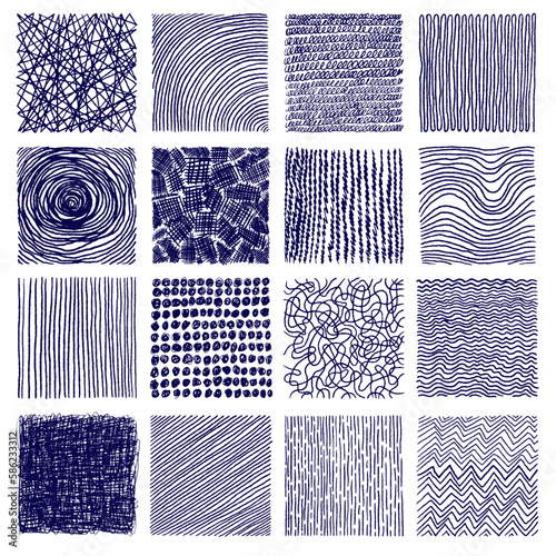 Big collection of ink hand drawn hatch texture. Abstract black ink lines, points, hatching, strokes and graphic design. Elements isolated on white background. Set of black vector sketch.