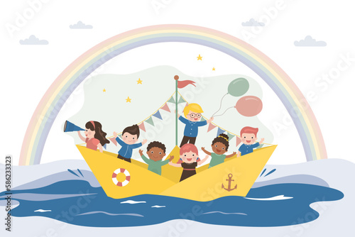 Funny children sailing on paper boat. Children play, imagination, friendship. Kids play sailors or pirates. Happy and cheerful childhood. Group of multiethnic kids have funny game.
