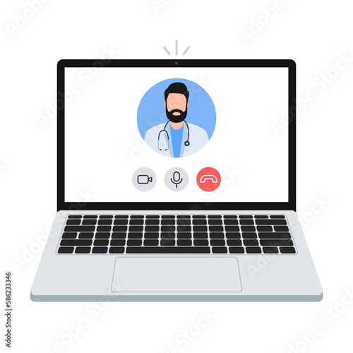 Laptop with online doctor consultation on screen. Concept of online medicine. Male bearded doctor on screen. Vector illustration.