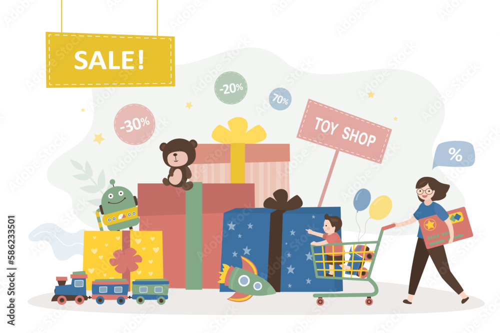 Funny characters is pushing shopping cart in toy shop. Flash sale, discounts. Cute son and mother bought lot of various cheap toys. Family in supermarket. Gift boxes, toys, gifts and presents