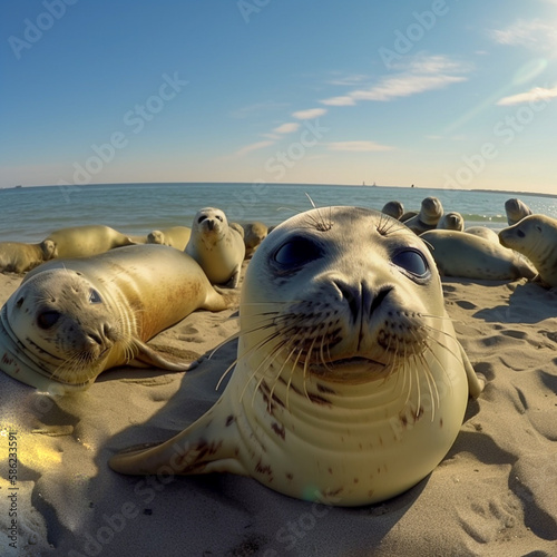 Happy Seals laying in a Group at the Beach