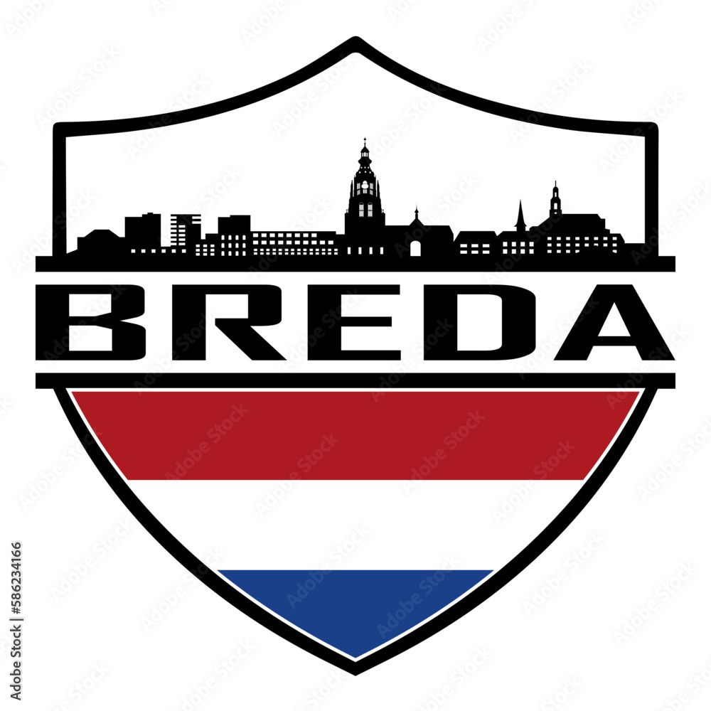 Breda Netherlands Skyline Silhouette Sunset Travel Souvenir Sticker Logo Badge Stamp Emblem Coat of Arms Vector Illustration SVG