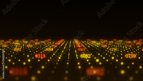 Abstract digital flow particles with digital indicators. Cyber network connection background. Big data visualization. Technology backdrop. 3d rendering.