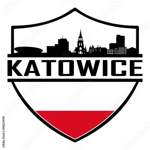 Katowice Poland Skyline Silhouette Sunset Travel Souvenir Sticker Logo Badge Stamp Emblem Coat of Arms Vector Illustration SVG