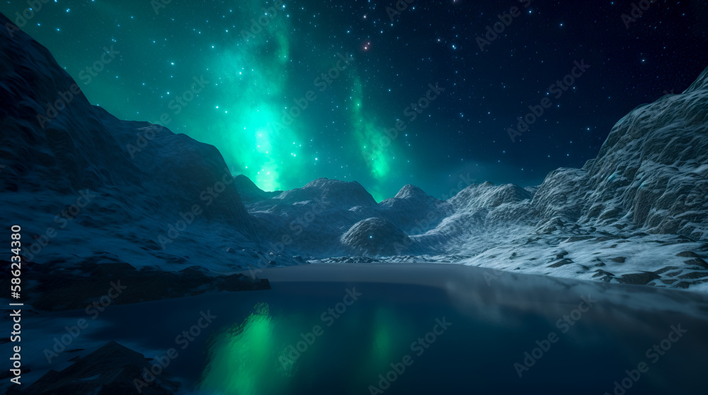 Aurora borealis Green northern lights above mountains. Night sky with polar lights. Night winter landscape with aurora and reflection on the water surface. Natural back. Generative AI