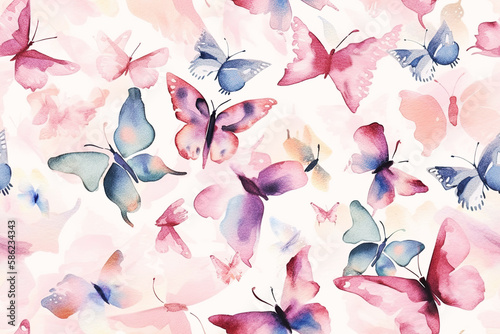 Generative AI illustration. Seamless watercolor pattern with pink purple lavender purple butterflies. Elegant vintage design for fabric.