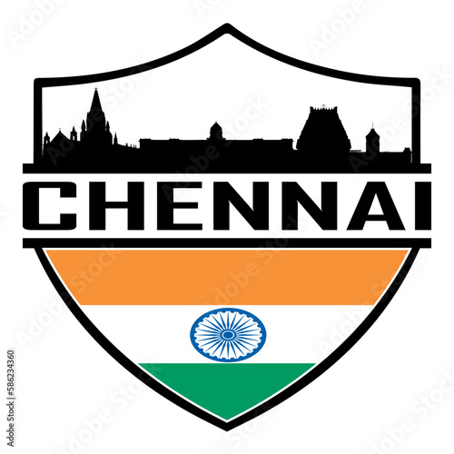 Chennai India Skyline Silhouette Sunset Travel Souvenir Sticker Logo Badge Stamp Emblem Coat of Arms Vector Illustration SVG