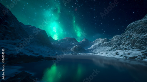 Aurora borealis Green northern lights above mountains. Night sky with polar lights. Night winter landscape with aurora and reflection on the water surface. Natural back. Generative AI © waichi2013th