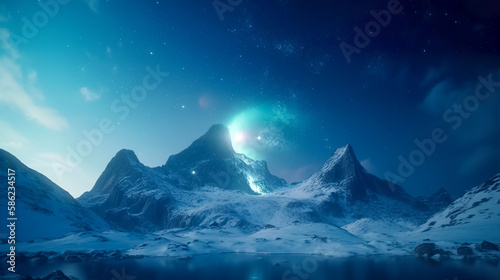 Aurora borealis Green northern lights above mountains. Night sky with polar lights. Night winter landscape with aurora and reflection on the water surface. Natural back. Generative AI