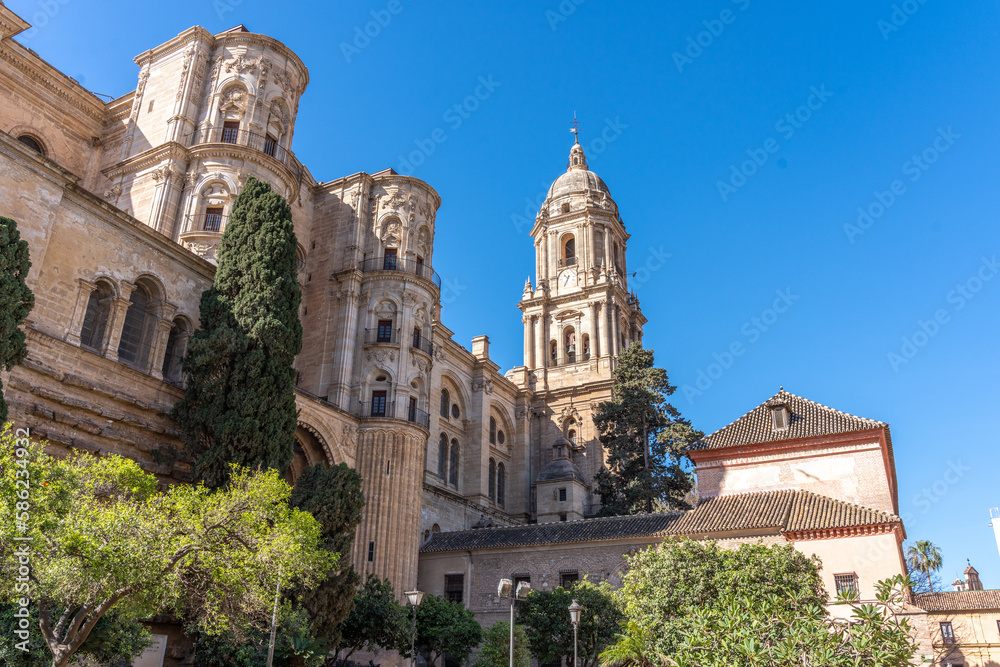 Malaga Spain downtown historic are with an old church and architecture