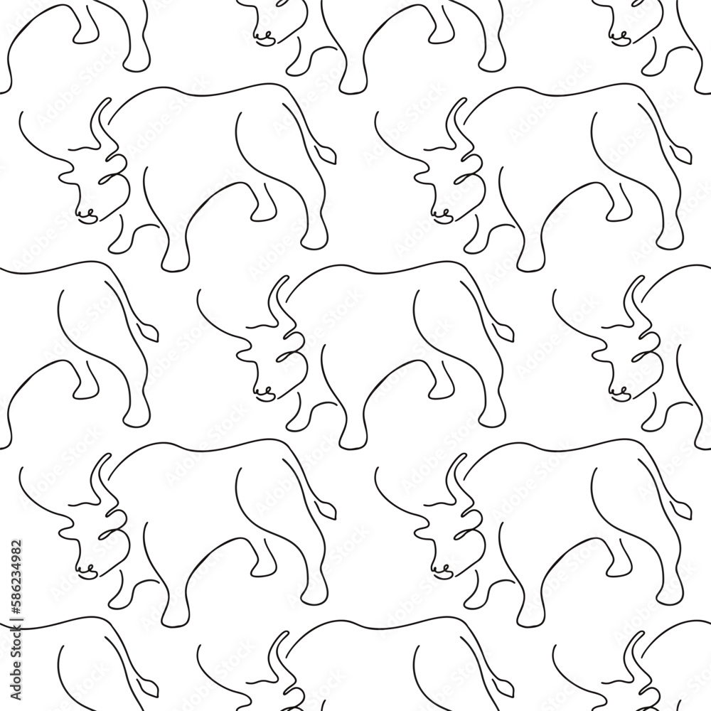 Seamless pattern with bulls illustration in line art style black color on white background