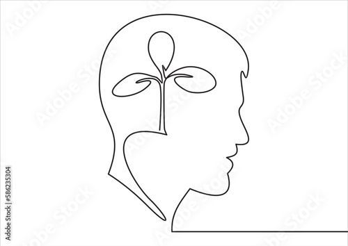 Plant leaves seed grow in brain concept. Continuous one line drawing of human head with a plant inside. Think green.