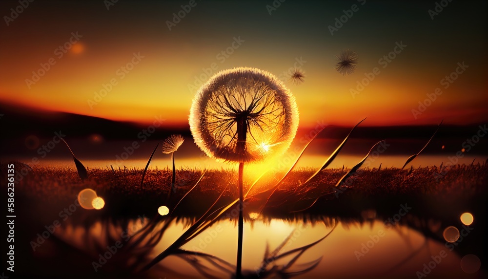 Golden sunset and dandelion meditative zen background