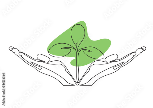 Single continuous line of hands holding a plant. Concept of growing and love earth.