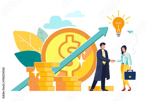Business porters a successful team, infographic. The investor holds money in ideas.Financing of creative projects.Woman and man, businessman, business handshake.Vector illustration on white background
