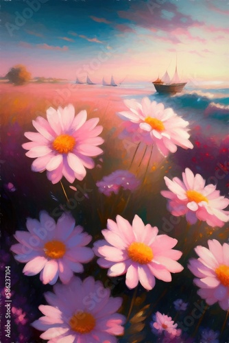 An artistic painting of pink flowers © QOLORLY.com