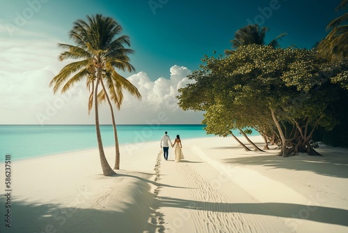 Couple walking hand in hand along a white sand beach in the Maldives. Generative AI