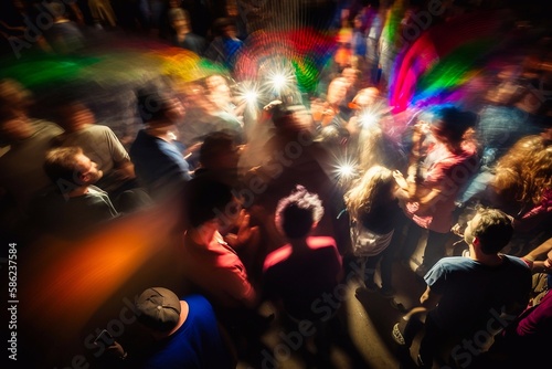 Group of People Relaxing and Having Fun at the Disco, Blurred Background. Generative AI