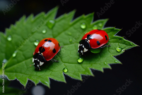 Macro Ladybug on green leaf. Generative AI