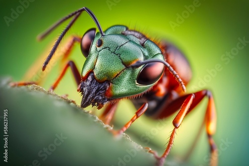 Closeup. Macro shot of red ant on green leaf. Generative AI