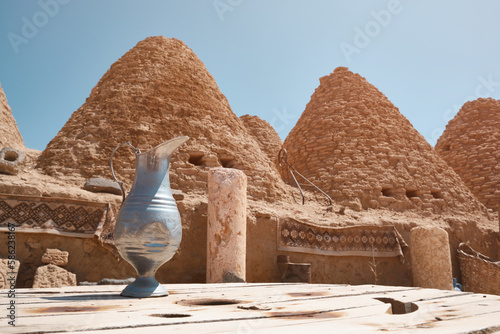 Traditional mud brick or adobe made beehive houses. Harran  major ancient city in Upper Mesopotamia  nowadays is a district in Sanliurfa province  Turkiye. Roofs of beehive houses opposite clear sky