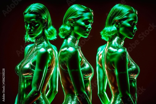 Robots or Artificial Humans made of iridescent plastic material in green lights. Generative AI