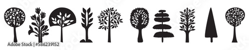 Monochrome forest tree bordure, edging of woodland trim for botanical linear strip. 