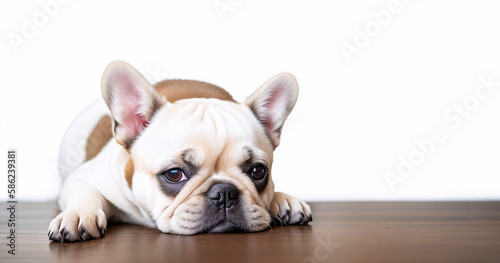 French bulldog dog lying on the floor looking sad, Generative AI © TEERAWAT
