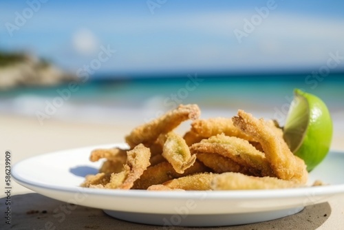 Fried breaded anchovies with lime, tropical brazilian food, negative space (manjuba and pititinga) photo