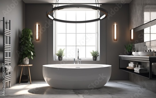 White oval bathtub  silver shower head  in modern loft gray wall bathroom with circle light and panoramic window for interior background 3D  Generative AI  AI