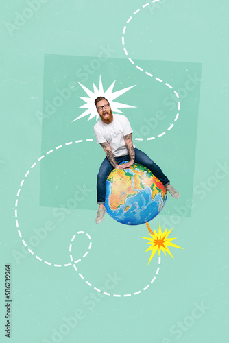 Creative banner poster image collage of funky young man ride explosion earth bomb fast speed war disaster concept photo