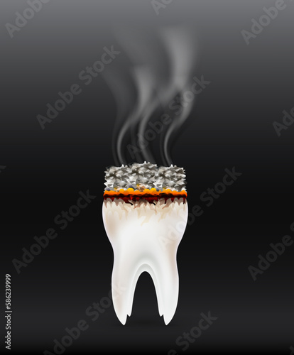 Teeth cigarette. Dangers of smoking effect on human tooth. Dental care concept. Stop smoking, World No Tobacco Day. 3D Vector illustration on black background.