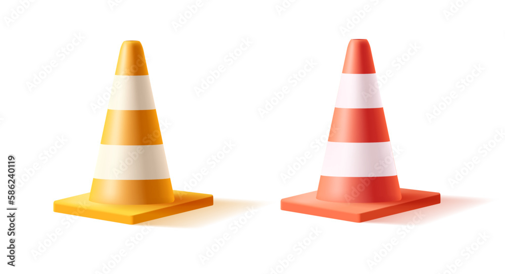 Vector 3d illustration of traffic cone, realistic cartoon style, striped plastic cone in red and yellow with white colors Vector 3d illustration of traffic cone, realistic cartoon style, striped plastic cone in red and yellow with white colors