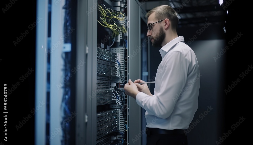 Fototapeta premium Engineer manager connecting data center on global networking in server room of storage systems and connect of data on internet network business 