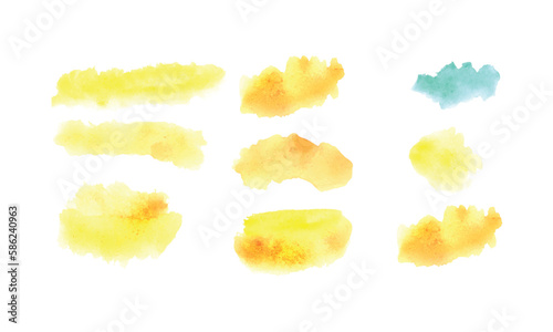 A set of colorful watercolor paint stains. Set of abstract yellow watercolor water splash on a white background