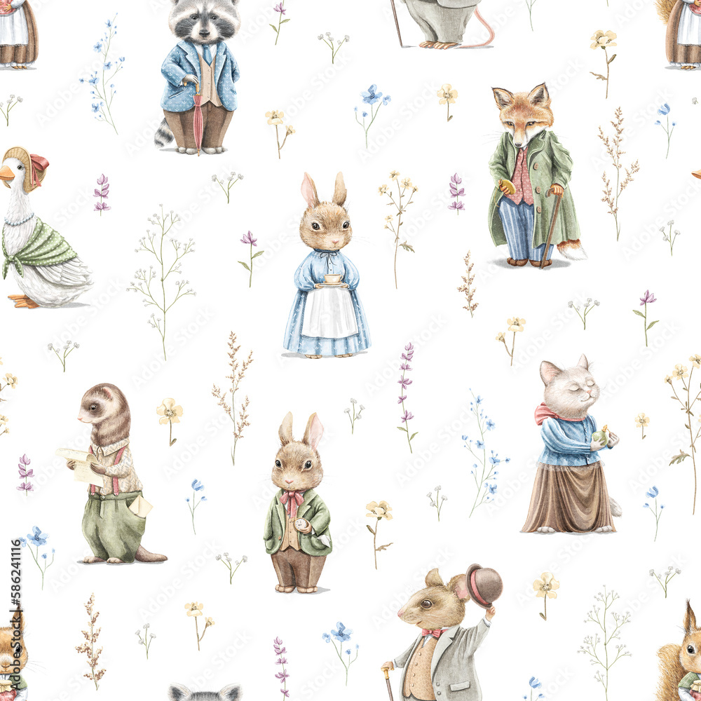 Fototapeta premium Seamless pattern with vintage, variety of cute animals in clothes and meadow dried flowers isolated on white background. Watercolor hand drawn illustration sketch