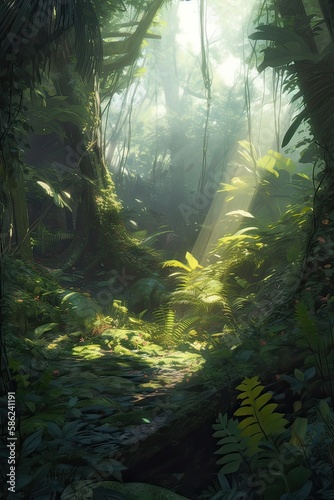 Forest in the morning in a fog in the sun, trees in a haze of light, glowing fog among the trees. Generative Ai. © Kowit