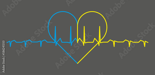 Heart pulse. Blue and yellow colors. Single heartbeat, cardiogram. Modern simple design. Icon.